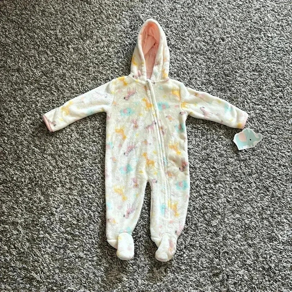 Little Beginnings 6-9 M Baby Animals Romper Hoodie White/Yellow One Piece Zip - Picture 1 of 4